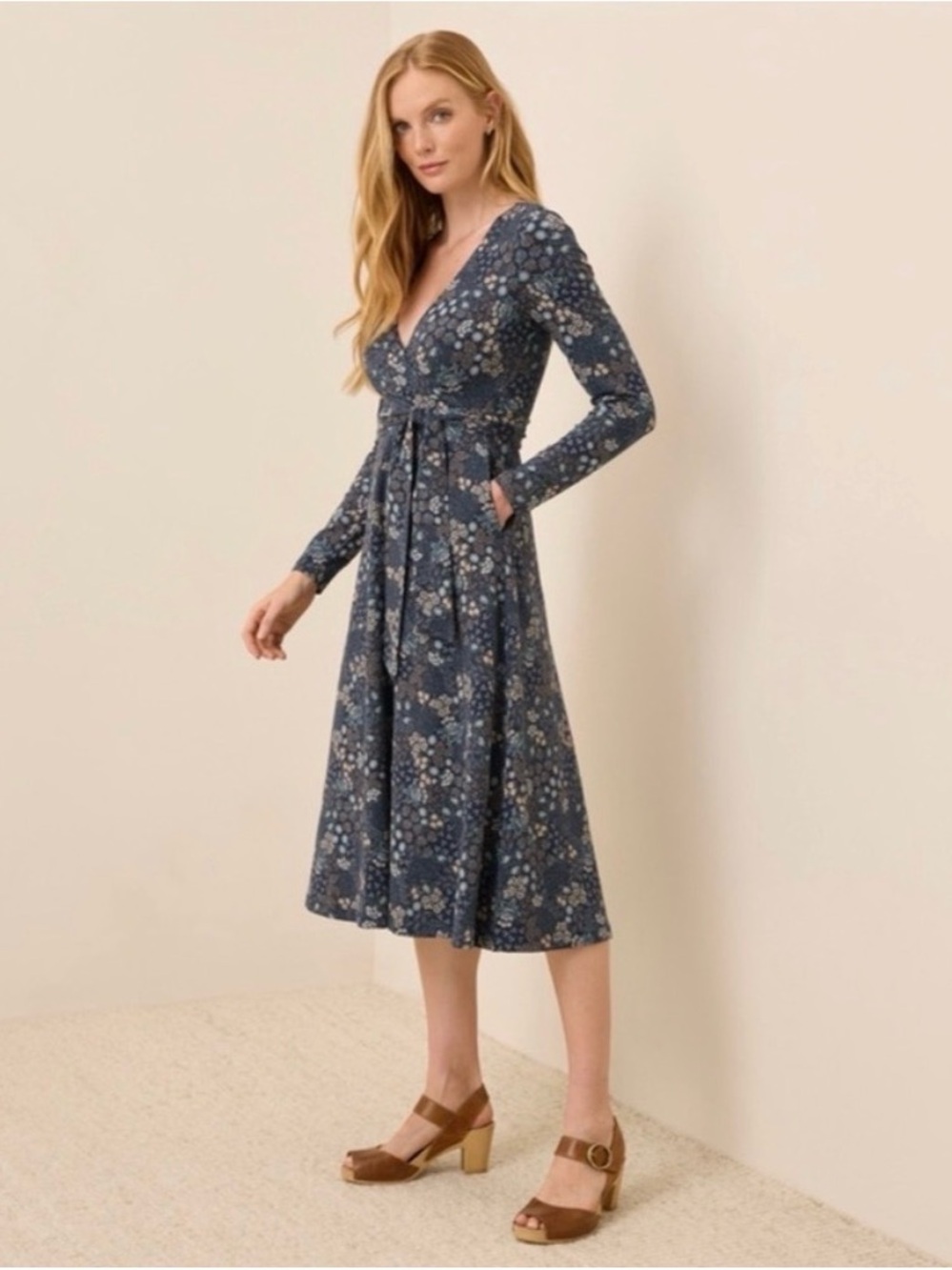 Pact Blue Floral Wrap Midi Dress